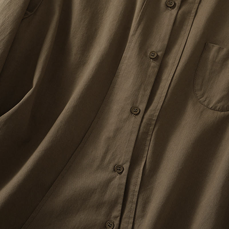 Buddha Stones 春のラペル長袖無地レディースコットンボタンシャツ（ポケット付き） - image 4