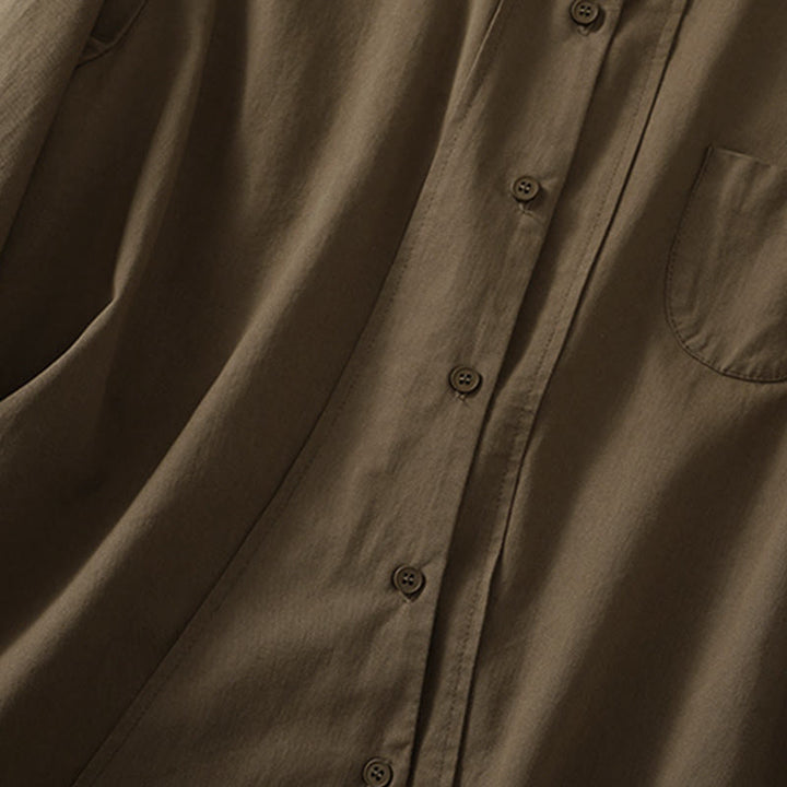 Buddha Stones 春のラペル長袖無地レディースコットンボタンシャツ（ポケット付き） - image 4