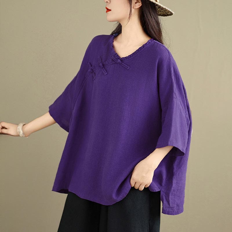 Buddha Stones 春のVネックフロッグボタン長袖無地レディースコットンシャツ - image 15