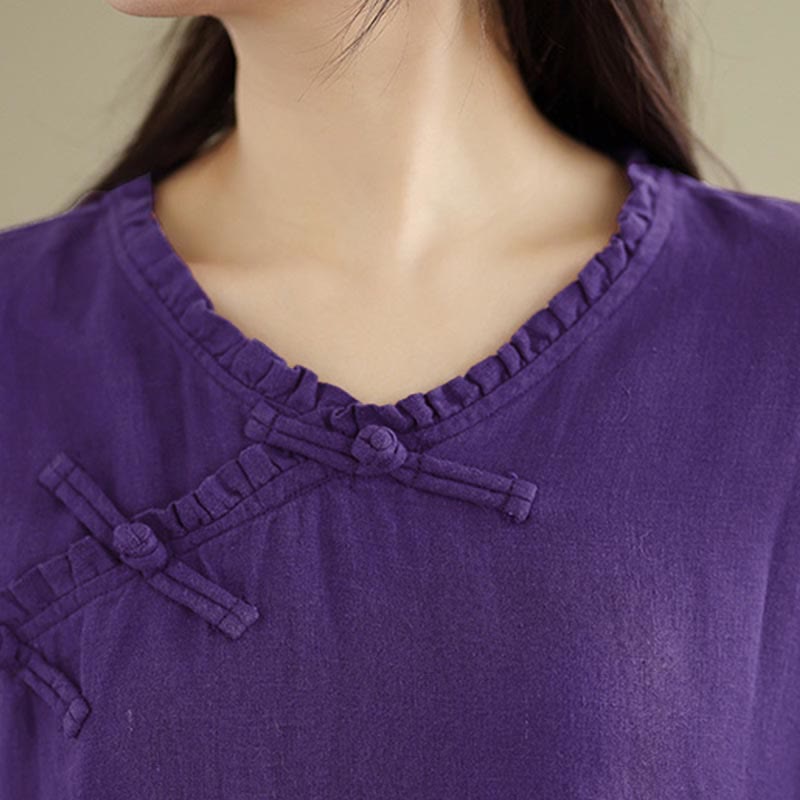 Buddha Stones 春のVネックフロッグボタン長袖無地レディースコットンシャツ - image 18