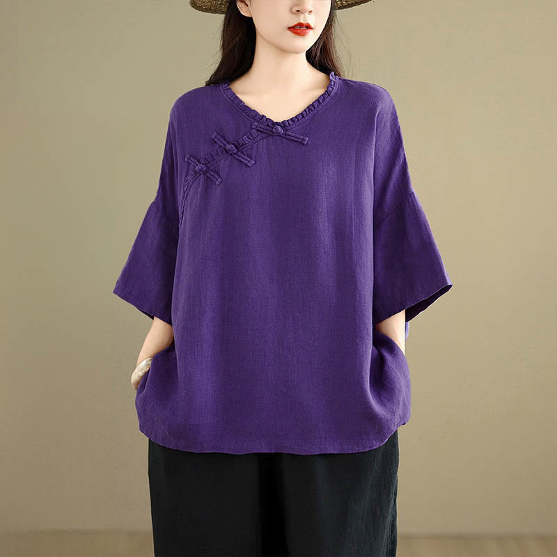 Buddha Stones 春のVネックフロッグボタン長袖無地レディースコットンシャツ - image 13