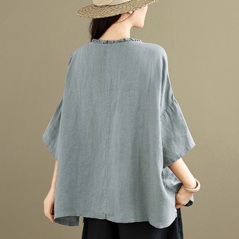 Buddha Stones 春のVネックフロッグボタン長袖無地レディースコットンシャツ - image 5