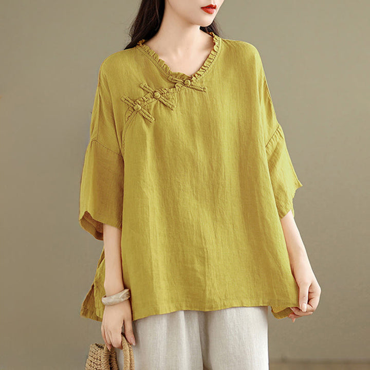 Buddha Stones 春のVネックフロッグボタン長袖無地レディースコットンシャツ - image 8