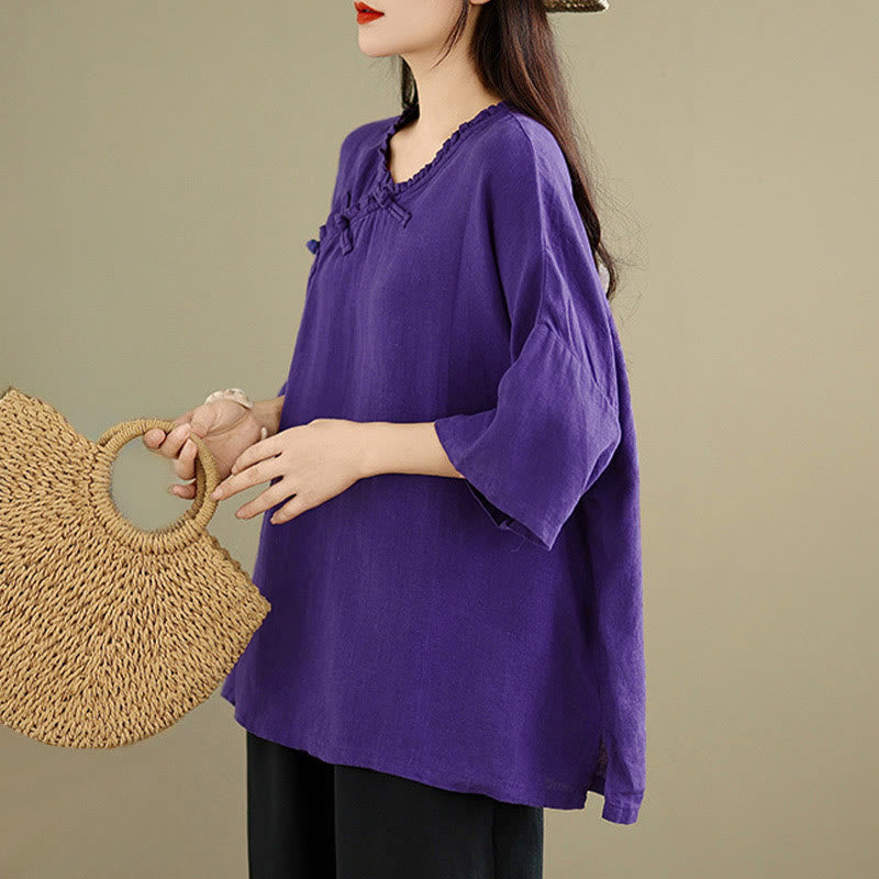 Buddha Stones 春のVネックフロッグボタン長袖無地レディースコットンシャツ - image 16