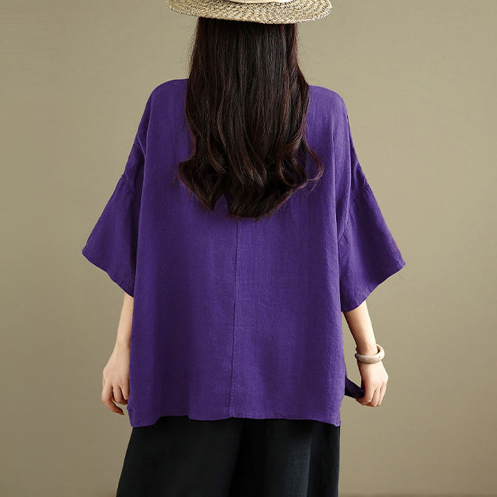 Buddha Stones 春のVネックフロッグボタン長袖無地レディースコットンシャツ - image 17