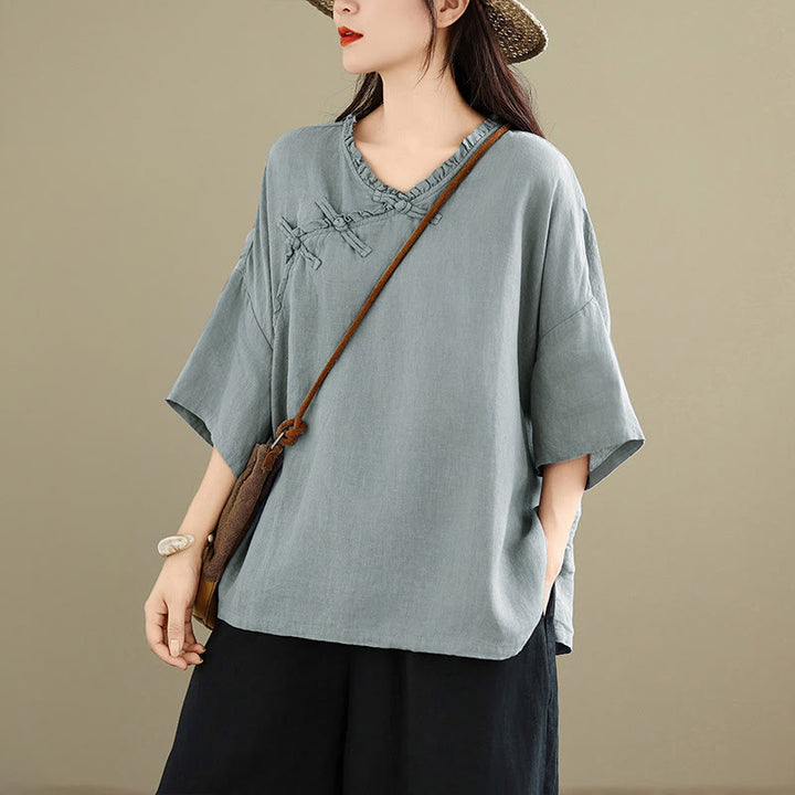 Buddha Stones 春のVネックフロッグボタン長袖無地レディースコットンシャツ - ライトブルー - US8-10，UK/AU12-14，EU40-42 (2XL) - image 0