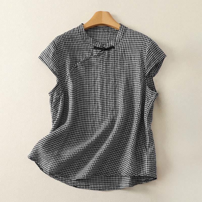 Buddha Stones 夏用クルーネック フロッグボタン 半袖 チェック柄 レディース コットンシャツ - 黒 - US8-10，UK/AU12-14，EU40-42 (2XL) - image 0