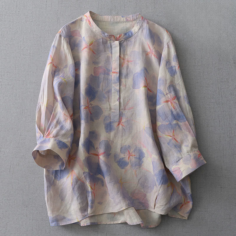 Buddha Stones 春の花柄クルーネック長袖レディースポリエステルシャツ - ミディアムスレートブルー - US8-10，UK/AU12-14，EU40-42 (2XL) - image 1