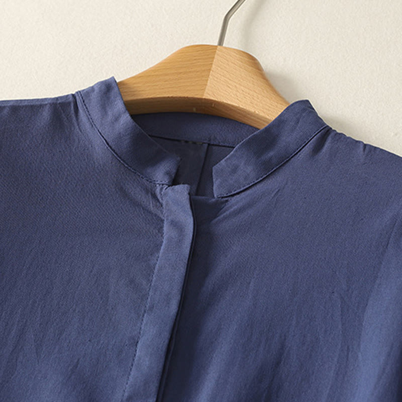 Buddha Stones 夏 スタンドカラー 半袖 無地 レディース ボタン コットン シャツ ポケット付き - image 1