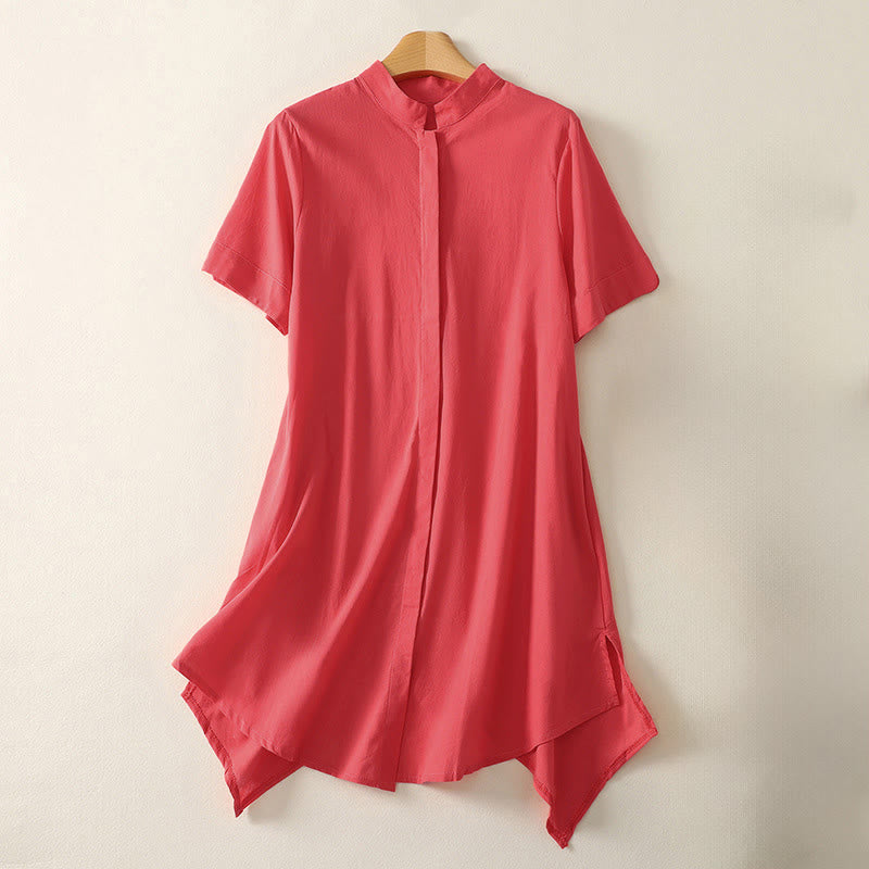 Buddha Stones 夏 スタンドカラー 半袖 無地 レディース ボタン コットン シャツ ポケット付き - 赤 - US8-10，UK/AU12-14，EU40-42 (2XL) - image 5