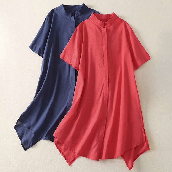 Buddha Stones 夏 スタンドカラー 半袖 無地 レディース ボタン コットン シャツ ポケット付き - image 15