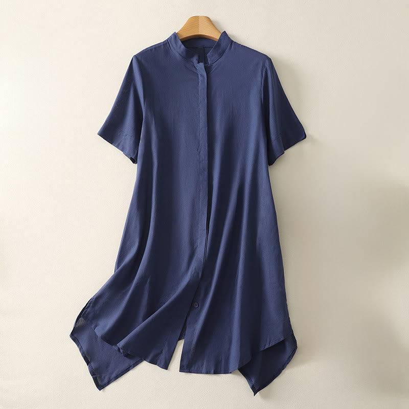Buddha Stones 夏 スタンドカラー 半袖 無地 レディース ボタン コットン シャツ ポケット付き - ダークブルー - US8-10，UK/AU12-14，EU40-42 (2XL) - image 0