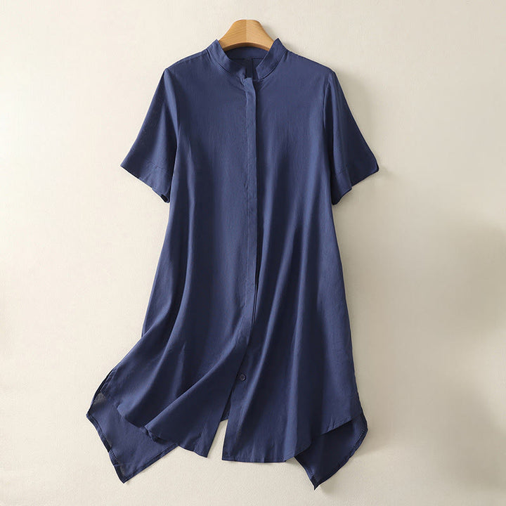 Buddha Stones 夏 スタンドカラー 半袖 無地 レディース ボタン コットン シャツ ポケット付き - ダークブルー - US8-10，UK/AU12-14，EU40-42 (2XL) - image 0