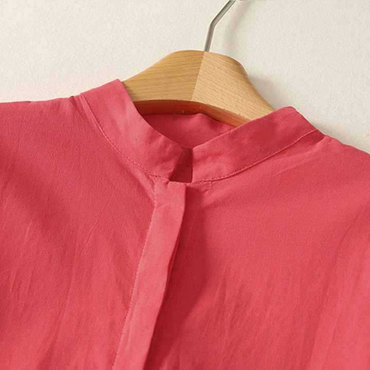 Buddha Stones 夏 スタンドカラー 半袖 無地 レディース ボタン コットン シャツ ポケット付き - image 7