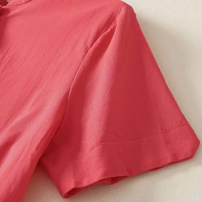 Buddha Stones 夏 スタンドカラー 半袖 無地 レディース ボタン コットン シャツ ポケット付き - image 9