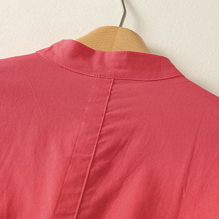 Buddha Stones 夏 スタンドカラー 半袖 無地 レディース ボタン コットン シャツ ポケット付き - image 8