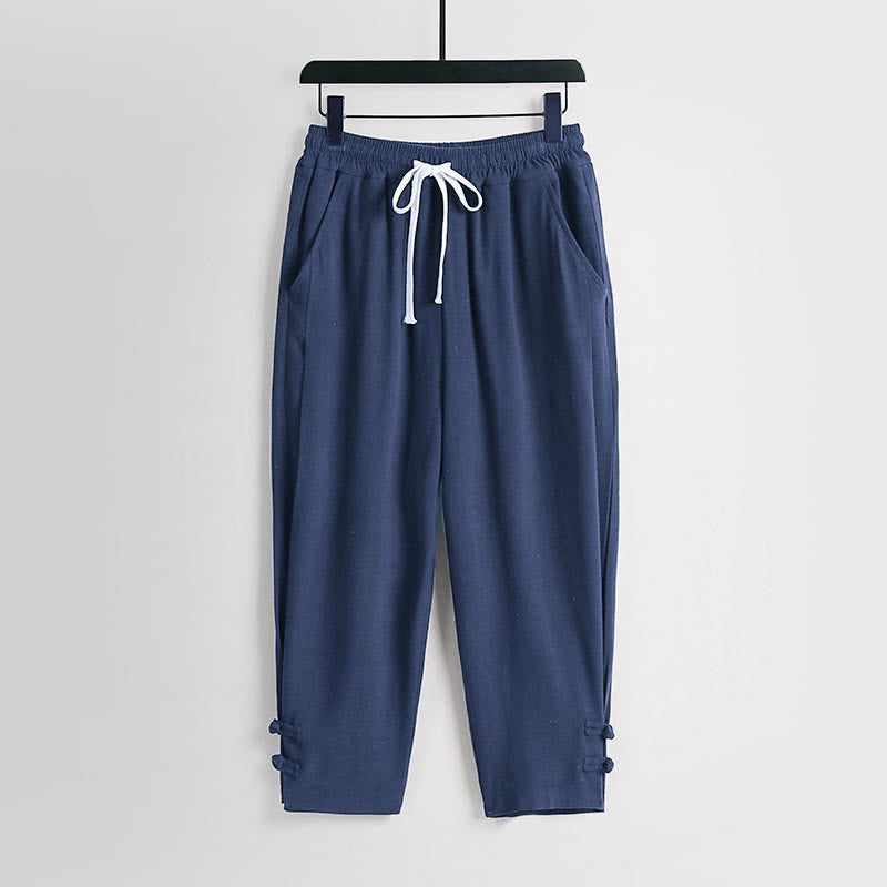 Buddha Stones 夏用ドローストリング 伸縮性ウエスト フロッグボタン アンクル丈 メンズ コットンリネン パンツ ポケット付き - スチールブルー - US/UK/AU54、 EU64 (9XL) - image 12