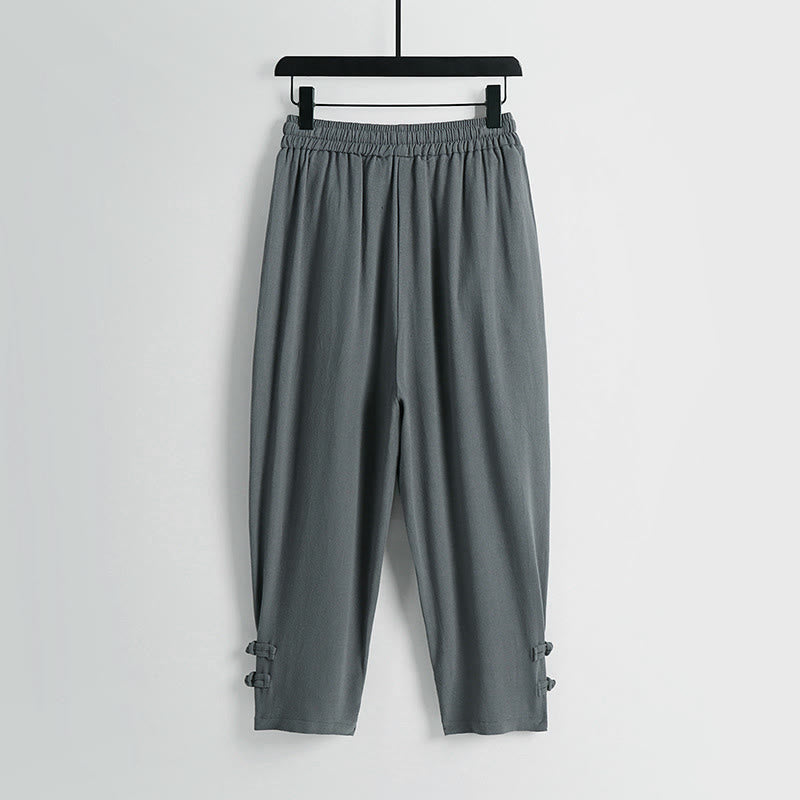 Buddha Stones 夏用ドローストリング 伸縮性ウエスト フロッグボタン アンクル丈 メンズ コットンリネン パンツ ポケット付き - image 1