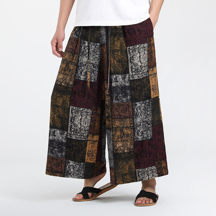 Buddha Stones 夏用パッチワークデザイン 7-8丈 メンズ ワイドレッグパンツ ポケット付き - image 1