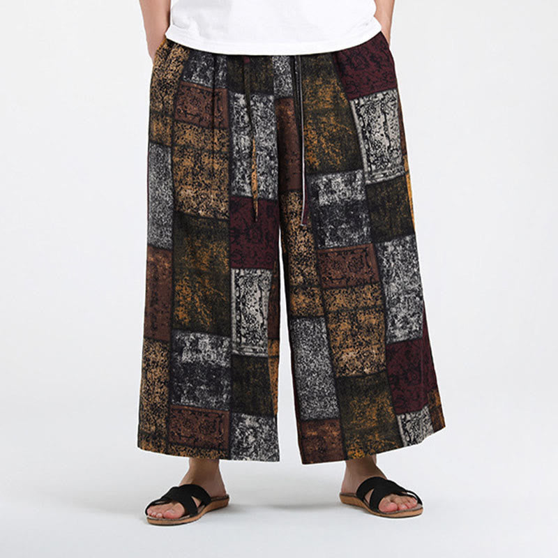 Buddha Stones 夏用パッチワークデザイン 7-8丈 メンズ ワイドレッグパンツ ポケット付き - image 2
