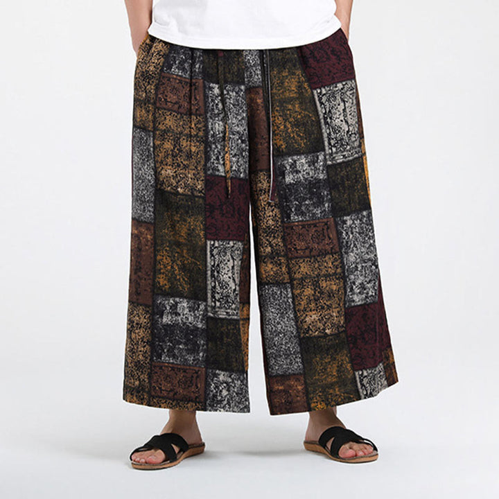 Buddha Stones 夏用パッチワークデザイン 7-8丈 メンズ ワイドレッグパンツ ポケット付き - image 2