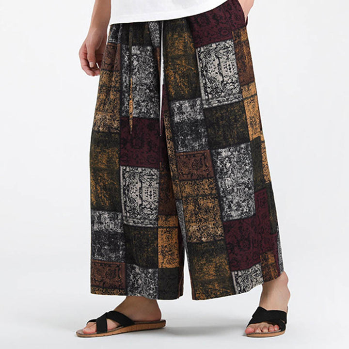 Buddha Stones 夏用パッチワークデザイン 7-8丈 メンズ ワイドレッグパンツ ポケット付き - image 4