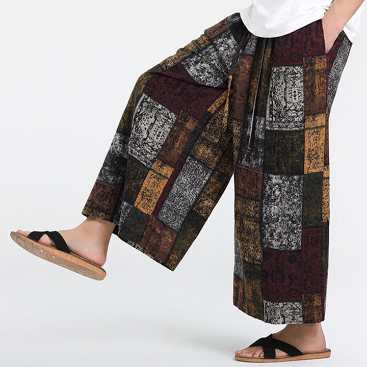 Buddha Stones 夏用パッチワークデザイン 7-8丈 メンズ ワイドレッグパンツ ポケット付き - サドルブラウン - US/UK/AU46、 EU56 (5XL) - image 0