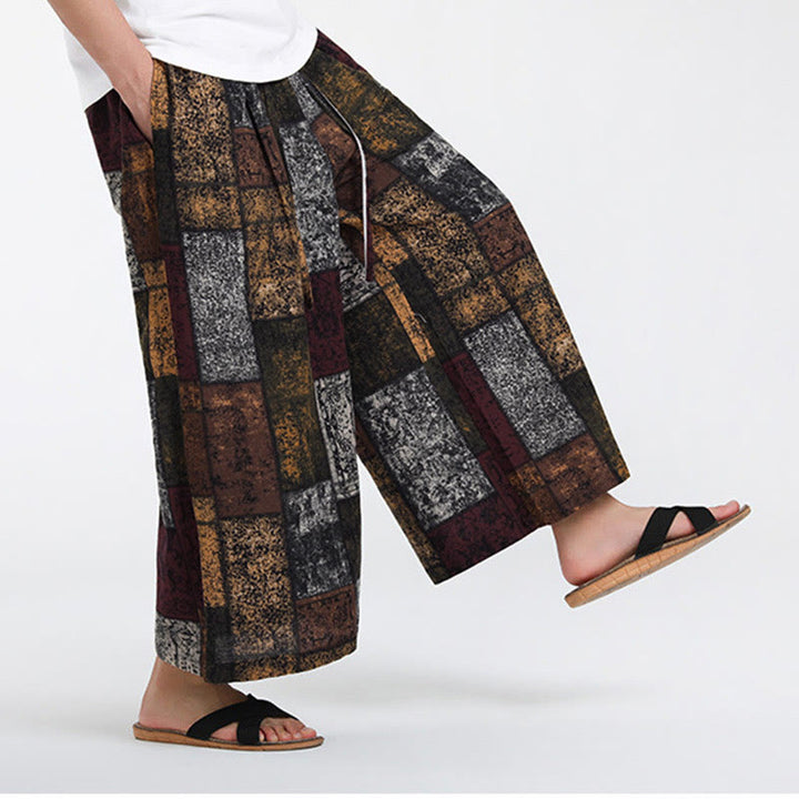 Buddha Stones 夏用パッチワークデザイン 7-8丈 メンズ ワイドレッグパンツ ポケット付き - image 6
