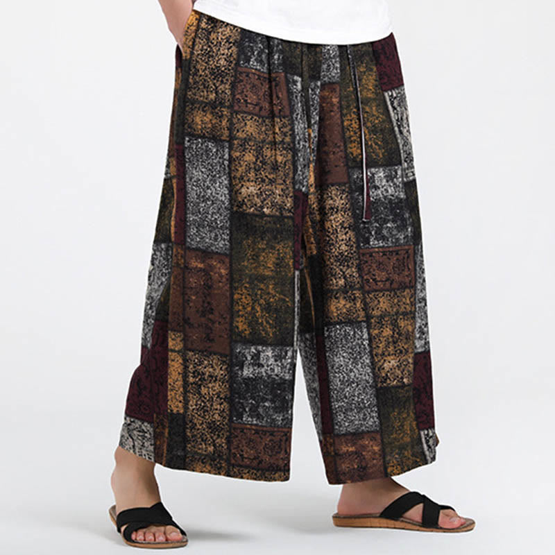 Buddha Stones 夏用パッチワークデザイン 7-8丈 メンズ ワイドレッグパンツ ポケット付き - image 3