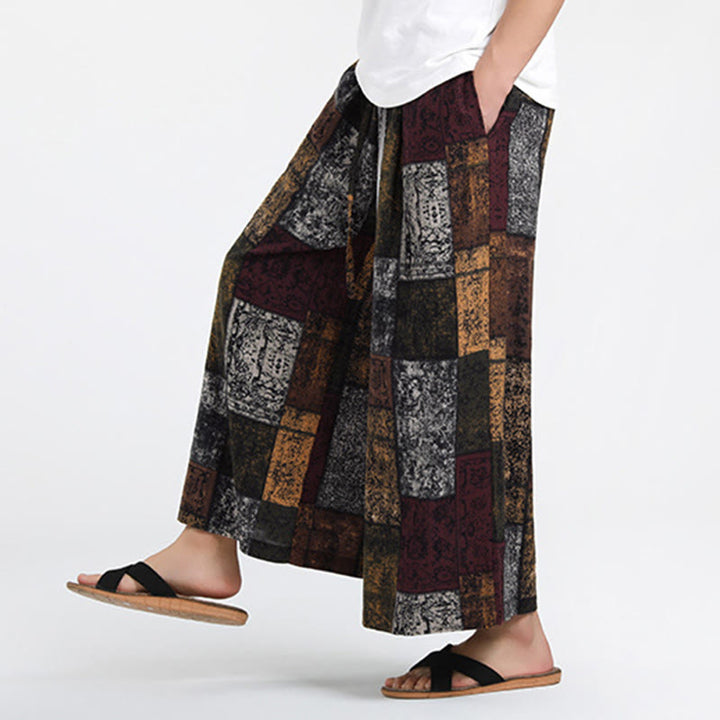 Buddha Stones 夏用パッチワークデザイン 7-8丈 メンズ ワイドレッグパンツ ポケット付き - image 7
