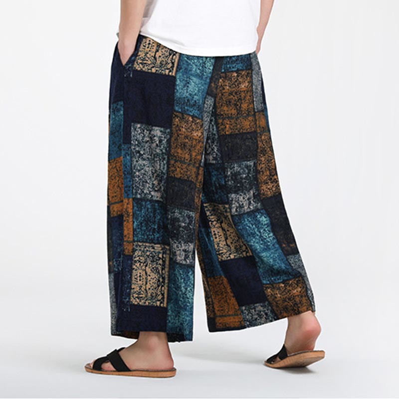 Buddha Stones 夏用パッチワークデザイン 7-8丈 メンズ ワイドレッグパンツ ポケット付き - image 12
