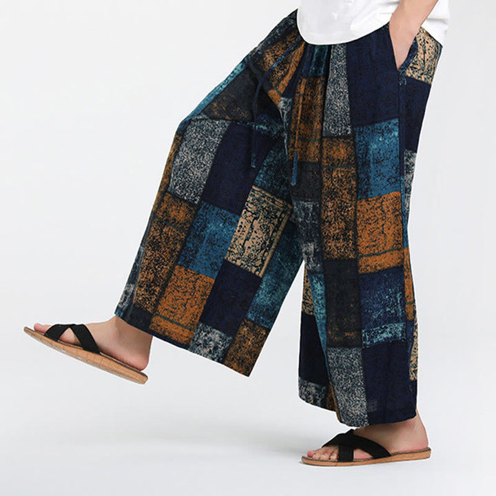 Buddha Stones 夏用パッチワークデザイン 7-8丈 メンズ ワイドレッグパンツ ポケット付き - image 16