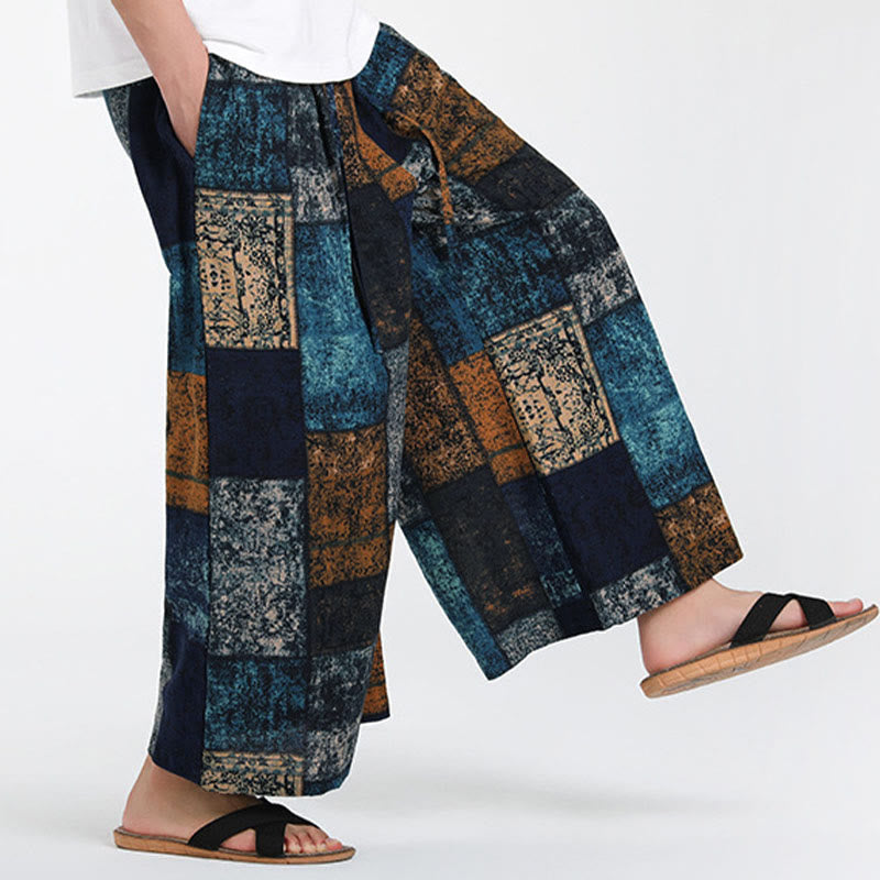 Buddha Stones 夏用パッチワークデザイン 7-8丈 メンズ ワイドレッグパンツ ポケット付き - image 15