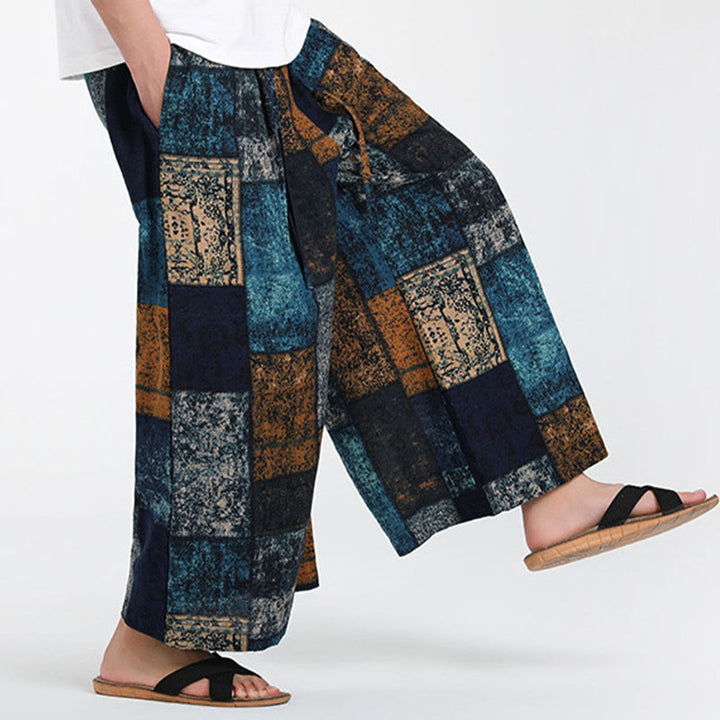Buddha Stones 夏用パッチワークデザイン 7-8丈 メンズ ワイドレッグパンツ ポケット付き - image 15