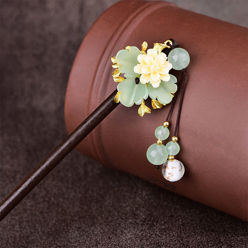 Buddha Stones 緑、黄、白の花、Liuliガラス木製ヘアピン - image 1