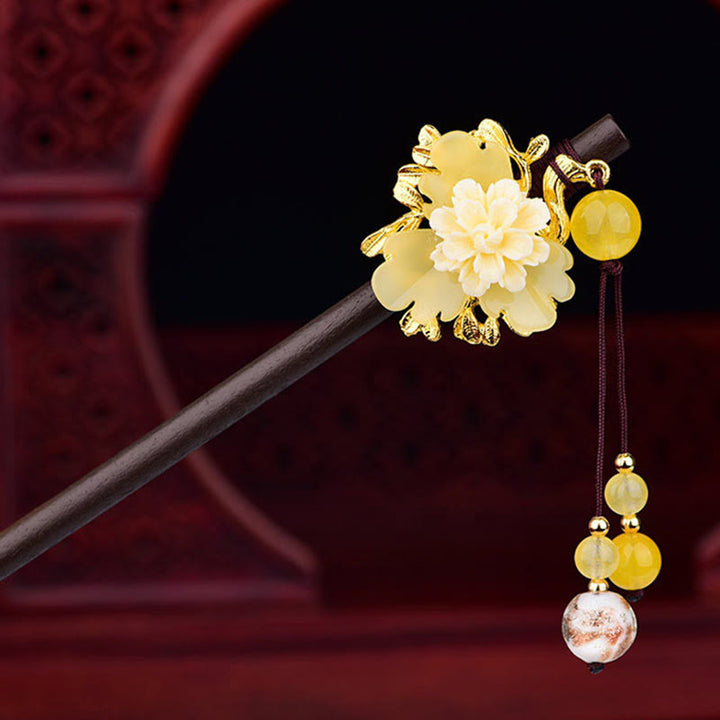 Buddha Stones 緑、黄、白の花、Liuliガラス木製ヘアピン - 黄色 - image 6
