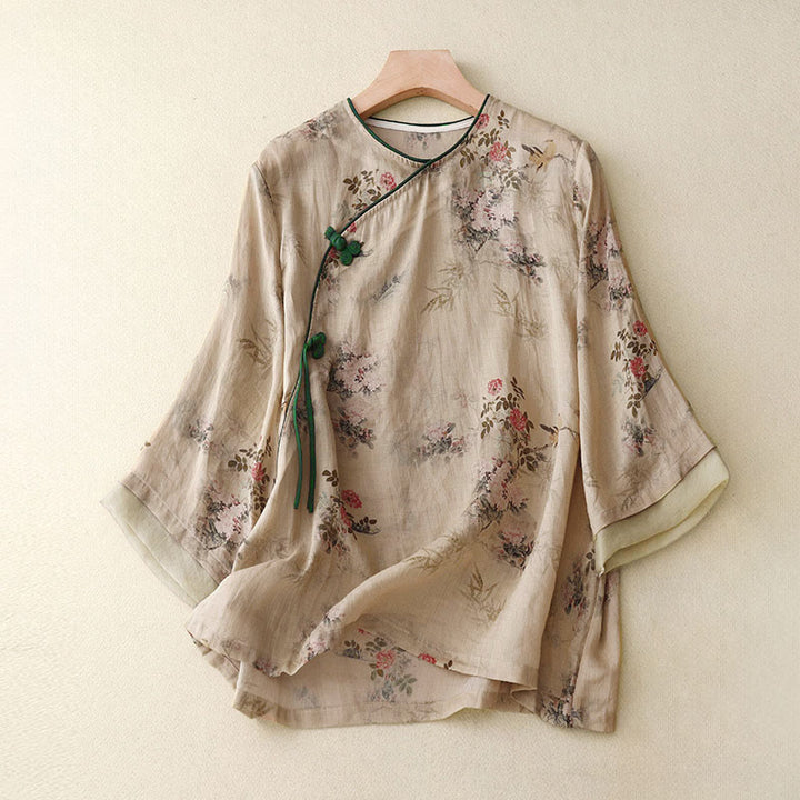 Buddha Stones ホワイトオーキッドレッドフラワーフロッグボタンデザイン七分袖レディースシャツ - バーリーウッド - US14、 UK/AU18、 EU46 (2XL) - image 8