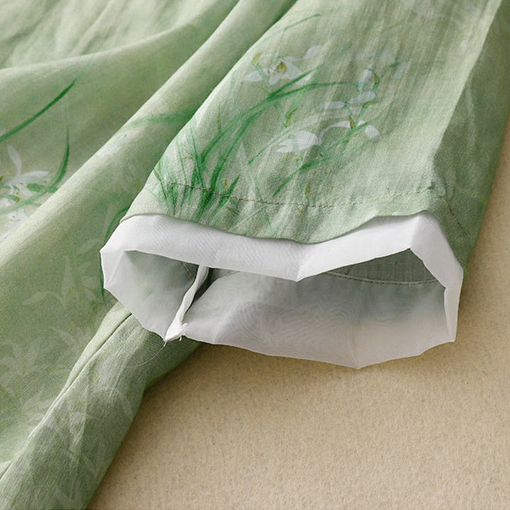 Buddha Stones ホワイトオーキッドレッドフラワーフロッグボタンデザイン七分袖レディースシャツ - image 7