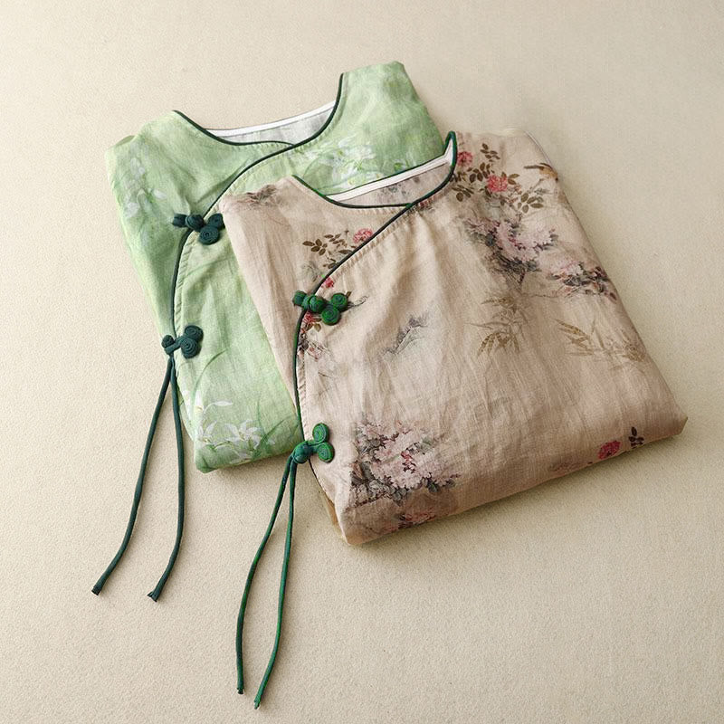 Buddha Stones ホワイトオーキッドレッドフラワーフロッグボタンデザイン七分袖レディースシャツ - image 18