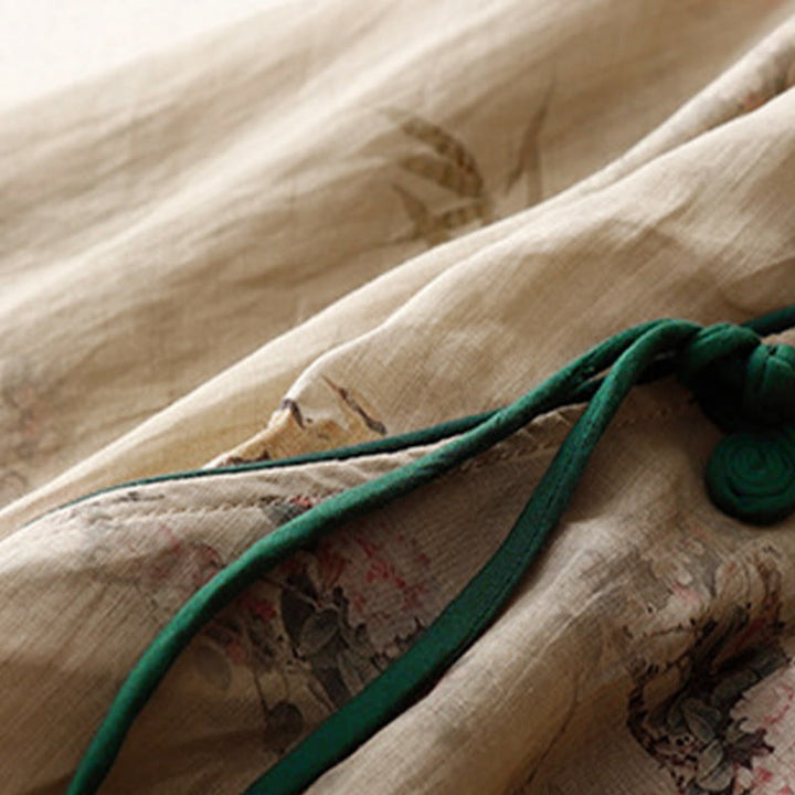 Buddha Stones ホワイトオーキッドレッドフラワーフロッグボタンデザイン七分袖レディースシャツ - image 11