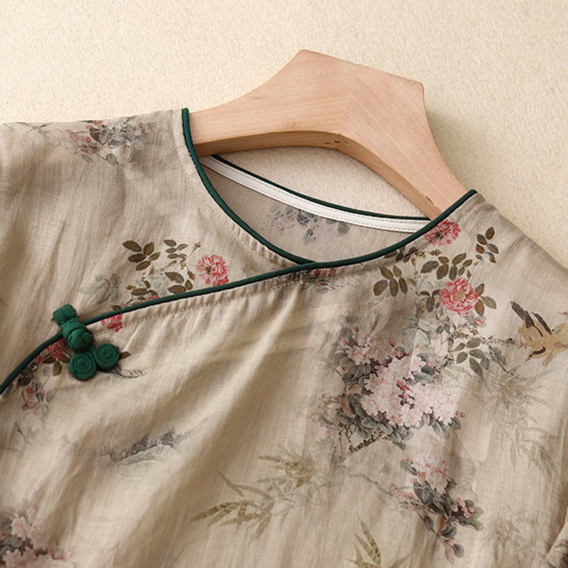 Buddha Stones ホワイトオーキッドレッドフラワーフロッグボタンデザイン七分袖レディースシャツ - image 9