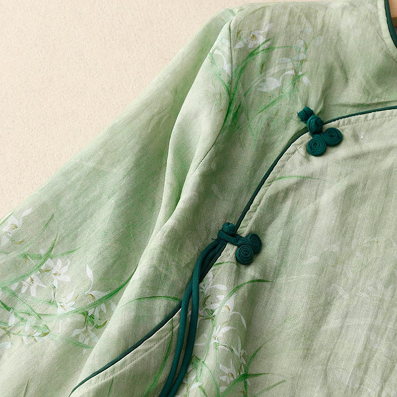 Buddha Stones ホワイトオーキッドレッドフラワーフロッグボタンデザイン七分袖レディースシャツ - image 1