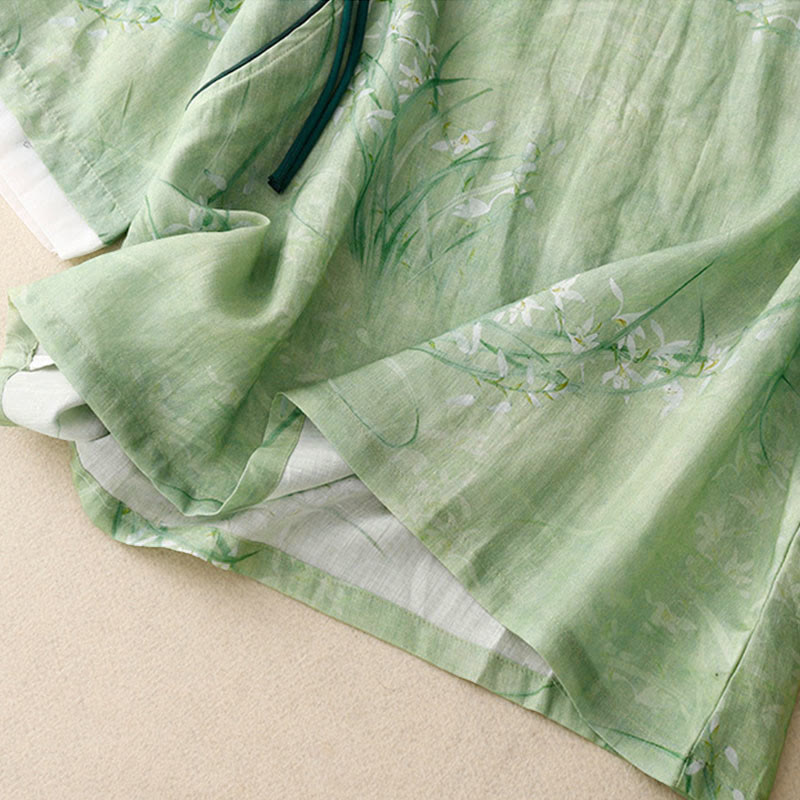 Buddha Stones ホワイトオーキッドレッドフラワーフロッグボタンデザイン七分袖レディースシャツ - image 5