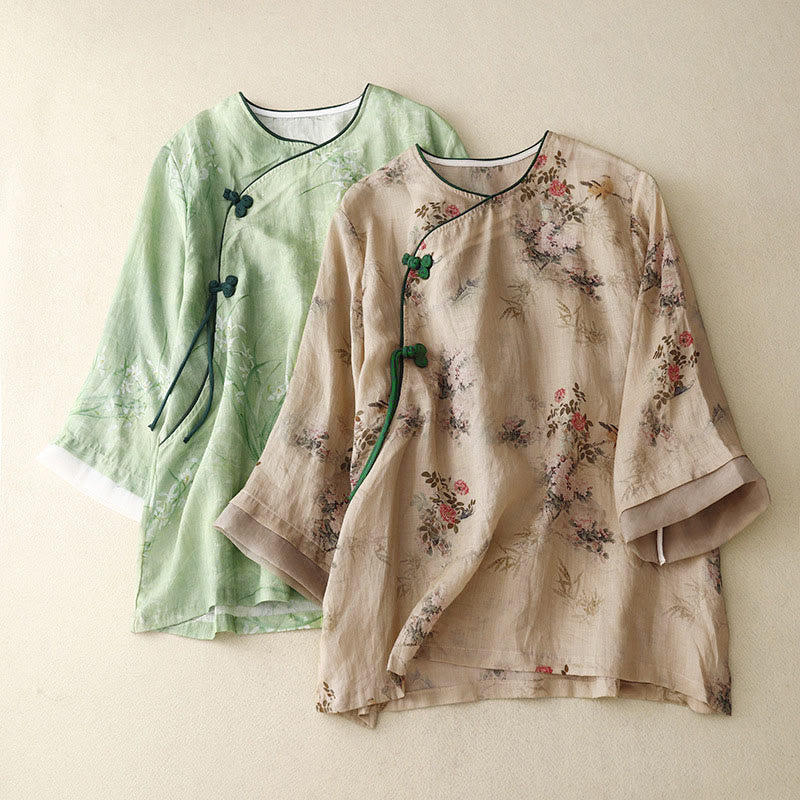 Buddha Stones ホワイトオーキッドレッドフラワーフロッグボタンデザイン七分袖レディースシャツ - image 17