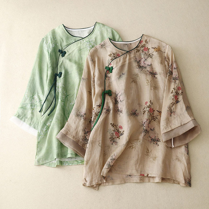 Buddha Stones ホワイトオーキッドレッドフラワーフロッグボタンデザイン七分袖レディースシャツ - image 17