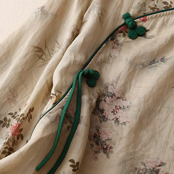 Buddha Stones ホワイトオーキッドレッドフラワーフロッグボタンデザイン七分袖レディースシャツ - image 10