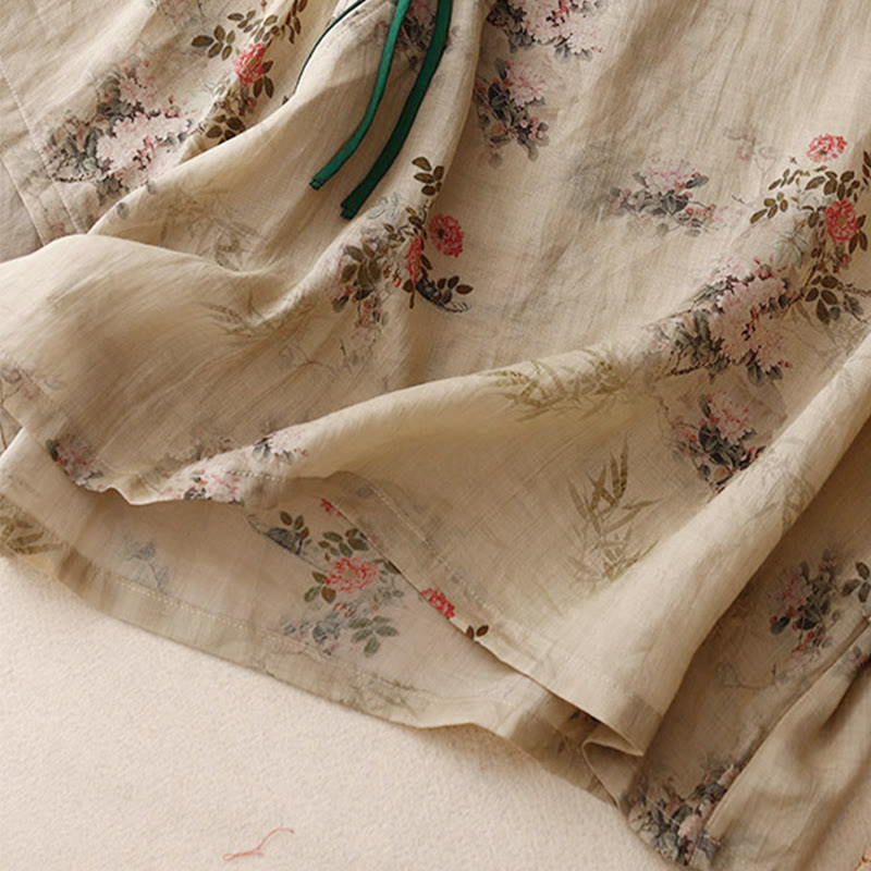 Buddha Stones ホワイトオーキッドレッドフラワーフロッグボタンデザイン七分袖レディースシャツ - image 14