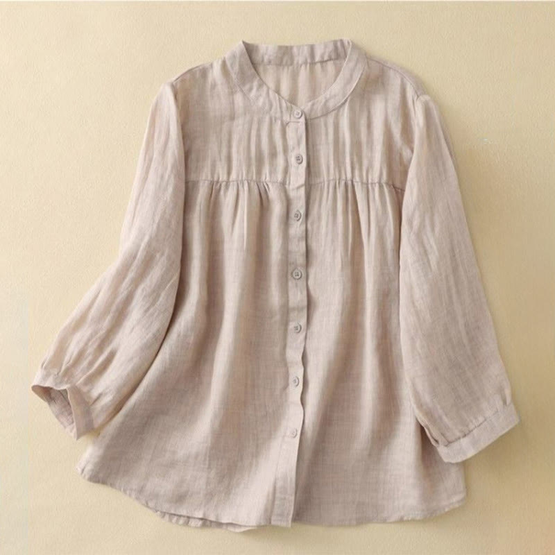Buddha Stones 無地クルーネックボタンデザイン七分袖レディースシャツ - ビスク - US14、 UK/AU18、 EU46 (3XL) - image 15