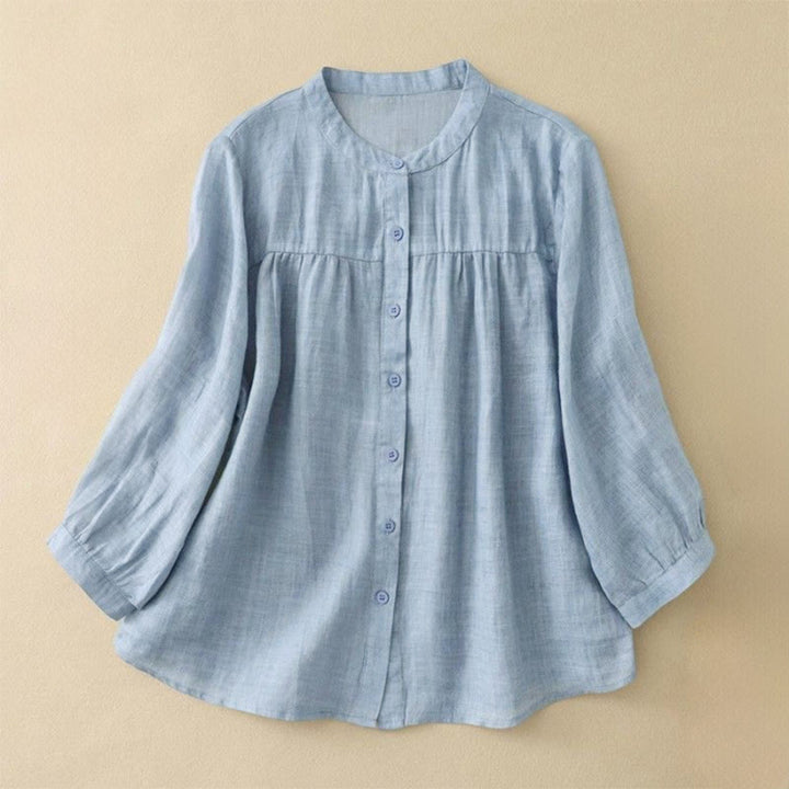 Buddha Stones 無地クルーネックボタンデザイン七分袖レディースシャツ - ライトスカイブルー - US14、 UK/AU18、 EU46 (3XL) - image 5