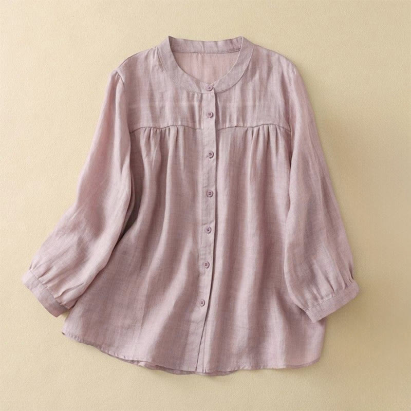 Buddha Stones 無地クルーネックボタンデザイン七分袖レディースシャツ - ミスティローズ - US14、 UK/AU18、 EU46 (3XL) - image 10